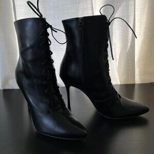 Manolo Blahnik Black Leather Zipup/Laceup Stiletto Booties